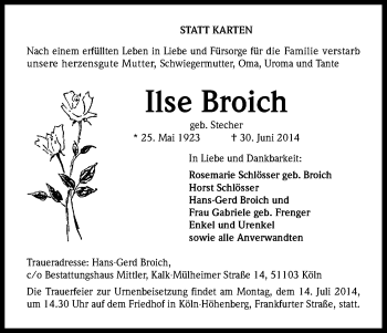 Anzeige von Ilse Broich von Kölner Stadt-Anzeiger / Kölnische Rundschau / Express