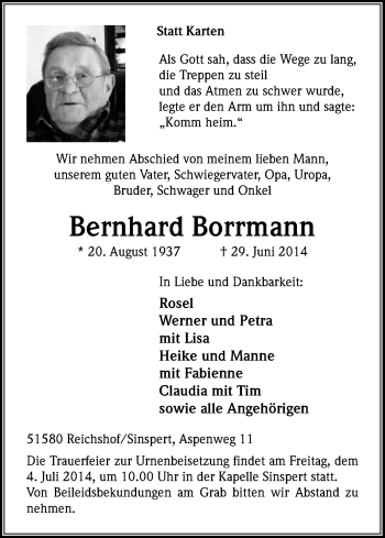 Anzeige von Bernhard Borrmann von Kölner Stadt-Anzeiger / Kölnische Rundschau / Express