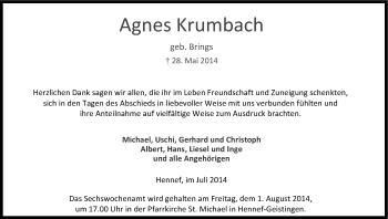 Anzeige von Agnes Krumbach von Kölner Stadt-Anzeiger / Kölnische Rundschau / Express