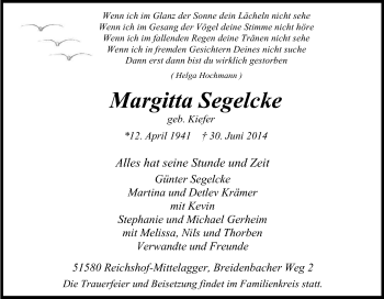 Anzeige von Margitta Segelcke von Kölner Stadt-Anzeiger / Kölnische Rundschau / Express