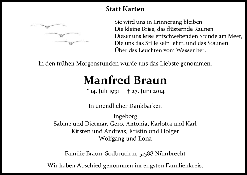  Traueranzeige für Manfred Braun vom 04.07.2014 aus Kölner Stadt-Anzeiger / Kölnische Rundschau / Express