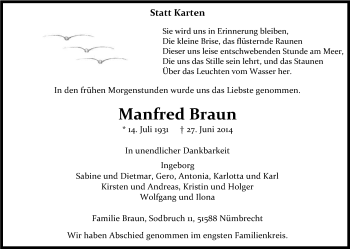 Anzeige von Manfred Braun von Kölner Stadt-Anzeiger / Kölnische Rundschau / Express