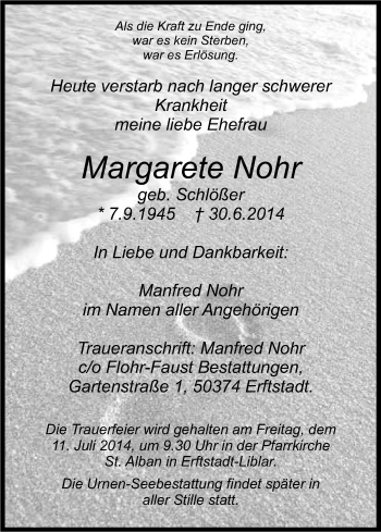Anzeige von Margarete Nohr von Kölner Stadt-Anzeiger / Kölnische Rundschau / Express