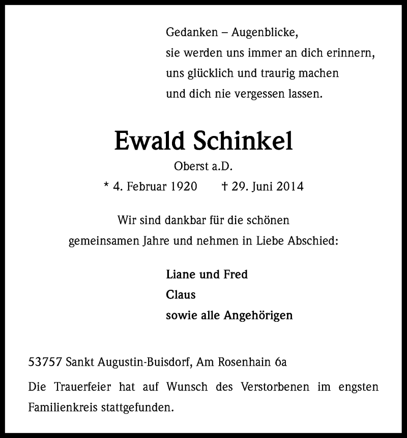  Traueranzeige für Ewald Schinkel vom 05.07.2014 aus Kölner Stadt-Anzeiger / Kölnische Rundschau / Express