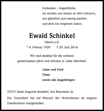 Anzeige von Ewald Schinkel von Kölner Stadt-Anzeiger / Kölnische Rundschau / Express