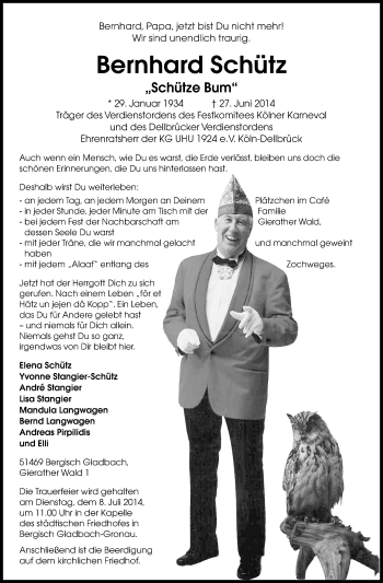 Anzeige von Bernhard Schütz von Kölner Stadt-Anzeiger / Kölnische Rundschau / Express