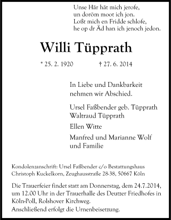 Anzeige von Willi Tüpprath von Kölner Stadt-Anzeiger / Kölnische Rundschau / Express