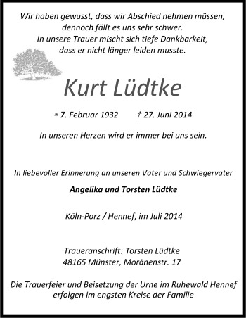 Anzeige von Kurt Lüdtke von Kölner Stadt-Anzeiger / Kölnische Rundschau / Express