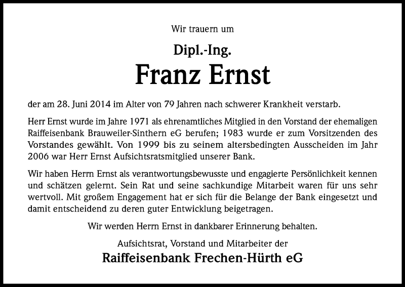  Traueranzeige für Franz Ernst vom 03.07.2014 aus Kölner Stadt-Anzeiger / Kölnische Rundschau / Express
