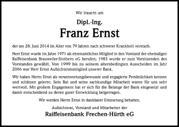 Anzeige von Franz Ernst von Kölner Stadt-Anzeiger / Kölnische Rundschau / Express