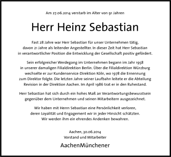 Anzeige von Heinz Sebastian von Kölner Stadt-Anzeiger / Kölnische Rundschau / Express
