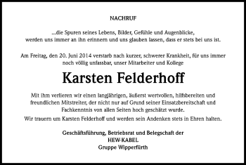 Anzeige von Karsten Felderhoff von Kölner Stadt-Anzeiger / Kölnische Rundschau / Express