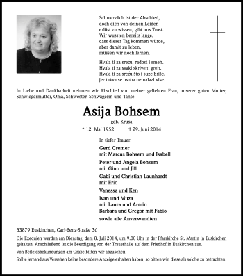 Anzeige von Asija Bohsem von Kölner Stadt-Anzeiger / Kölnische Rundschau / Express