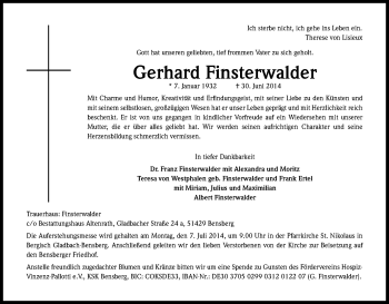 Anzeige von Gerhard Finsterwalder von Kölner Stadt-Anzeiger / Kölnische Rundschau / Express