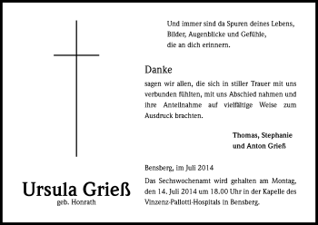 Anzeige von Ursula Grieß von Kölner Stadt-Anzeiger / Kölnische Rundschau / Express