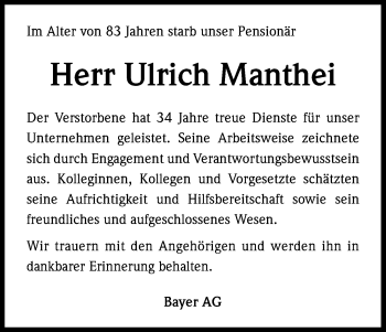 Anzeige von Ulrich Manthei von Kölner Stadt-Anzeiger / Kölnische Rundschau / Express