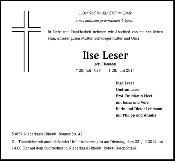 Anzeige von Ilse Leser von Kölner Stadt-Anzeiger / Kölnische Rundschau / Express