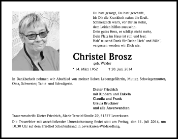 Anzeige von Christel Brosz von Kölner Stadt-Anzeiger / Kölnische Rundschau / Express