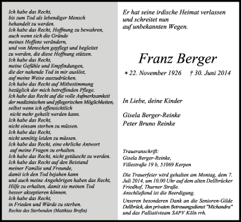 Anzeige von Franz Berger von Kölner Stadt-Anzeiger / Kölnische Rundschau / Express