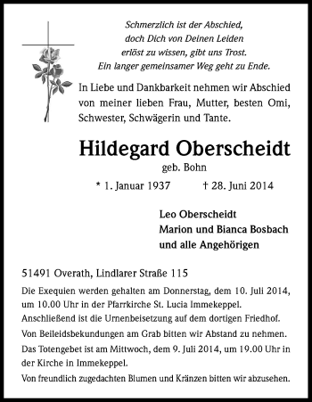 Anzeige von Hildegard Oberscheidt von Kölner Stadt-Anzeiger / Kölnische Rundschau / Express