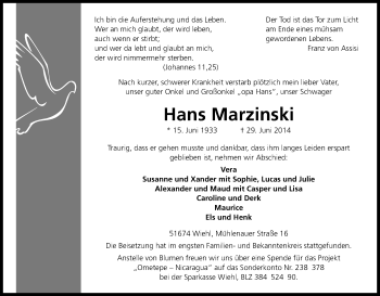 Anzeige von Hans Marzinski von Kölner Stadt-Anzeiger / Kölnische Rundschau / Express