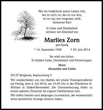 Anzeige von Marlies Zorn von Kölner Stadt-Anzeiger / Kölnische Rundschau / Express
