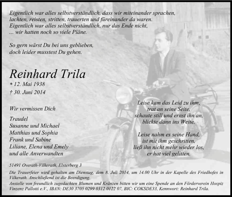 Traueranzeige für Reinhard Trila vom 03.07.2014 aus Kölner Stadt-Anzeiger / Kölnische Rundschau / Express
