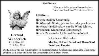 Anzeige von Gertrud Wunderlich von Kölner Stadt-Anzeiger / Kölnische Rundschau / Express