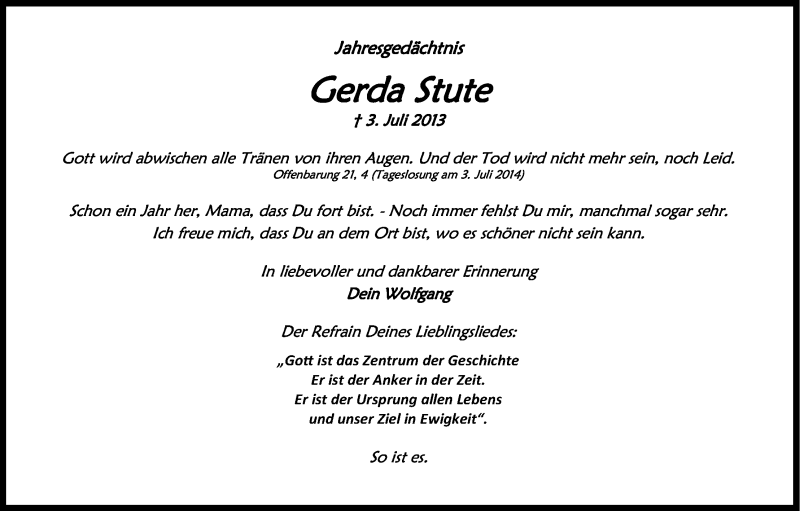  Traueranzeige für Gerda Stute vom 03.07.2014 aus Kölner Stadt-Anzeiger / Kölnische Rundschau / Express