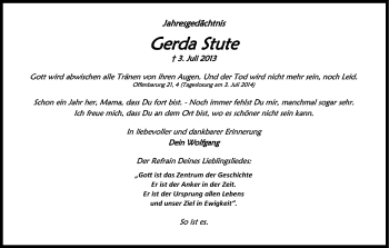 Anzeige von Gerda Stute von Kölner Stadt-Anzeiger / Kölnische Rundschau / Express