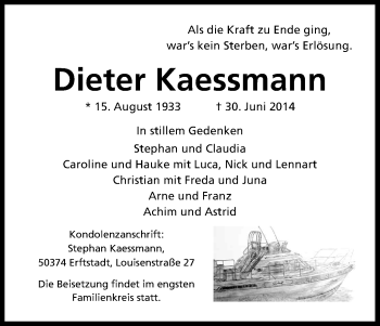Anzeige von Dieter Kaessmann von Kölner Stadt-Anzeiger / Kölnische Rundschau / Express