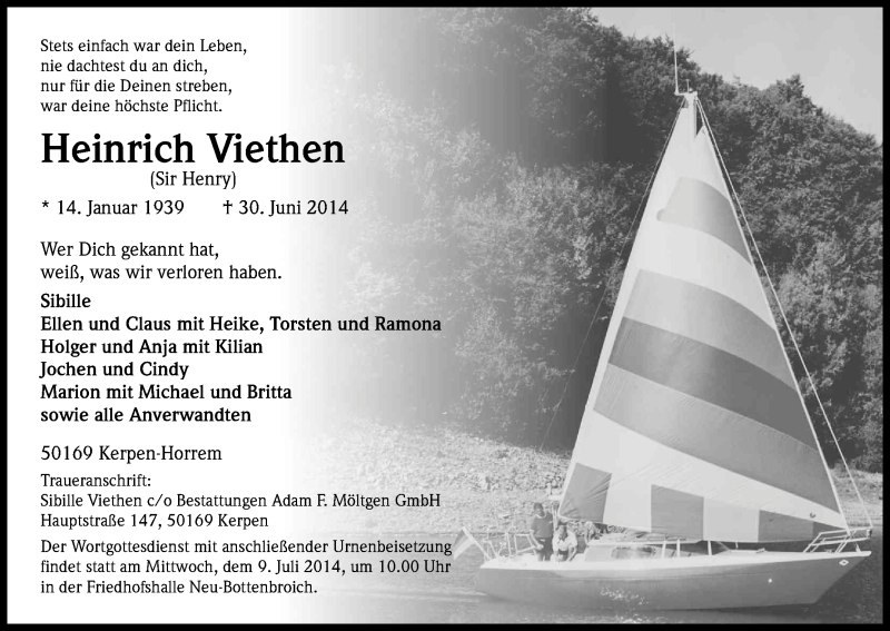  Traueranzeige für Heinrich Viethen vom 05.07.2014 aus Kölner Stadt-Anzeiger / Kölnische Rundschau / Express