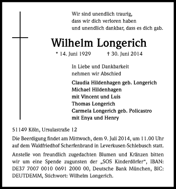 Anzeige von Wilhelm Longerich von Kölner Stadt-Anzeiger / Kölnische Rundschau / Express