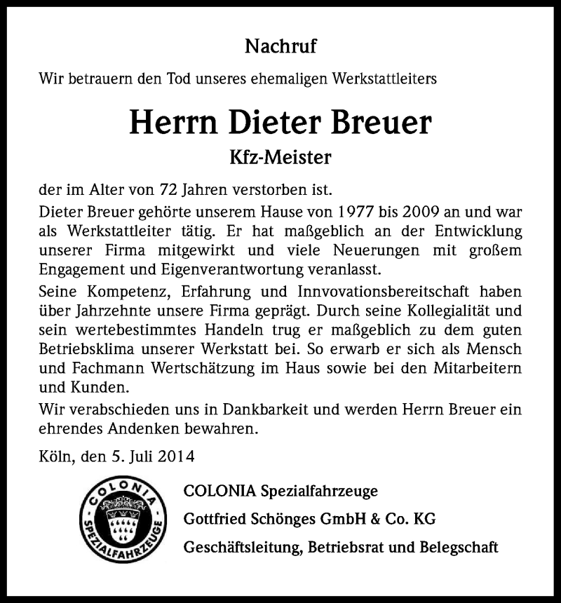  Traueranzeige für Dieter Breuer vom 05.07.2014 aus Kölner Stadt-Anzeiger / Kölnische Rundschau / Express