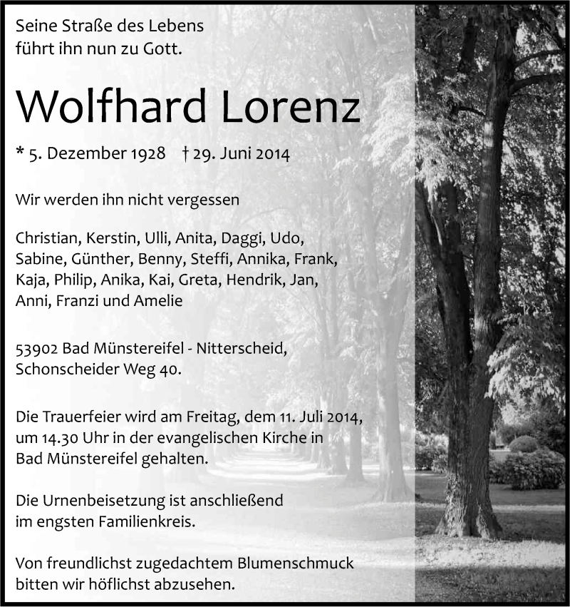  Traueranzeige für Wolfhard Lorenz vom 05.07.2014 aus Kölner Stadt-Anzeiger / Kölnische Rundschau / Express