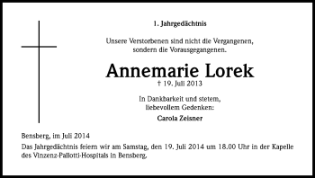 Anzeige von Annemarie Lorek von Kölner Stadt-Anzeiger / Kölnische Rundschau / Express