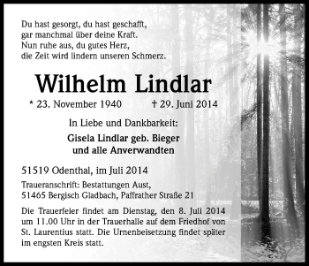 Anzeige von Wilhelm Lindlar von Kölner Stadt-Anzeiger / Kölnische Rundschau / Express