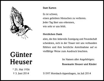 Anzeige von Günter Heuser von Kölner Stadt-Anzeiger / Kölnische Rundschau / Express
