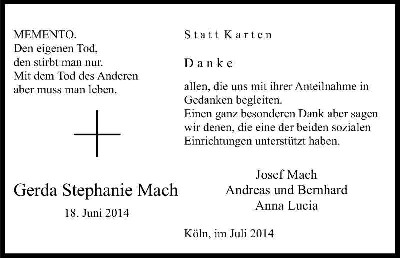  Traueranzeige für Gerda Stephanie Mach vom 09.07.2014 aus Kölner Stadt-Anzeiger / Kölnische Rundschau / Express