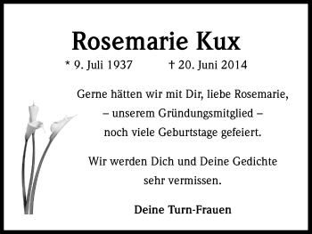 Anzeige von Rosemarie Kux von Kölner Stadt-Anzeiger / Kölnische Rundschau / Express