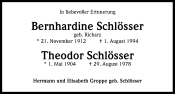 Anzeige von Bernhardine Schlösser von Kölner Stadt-Anzeiger / Kölnische Rundschau / Express