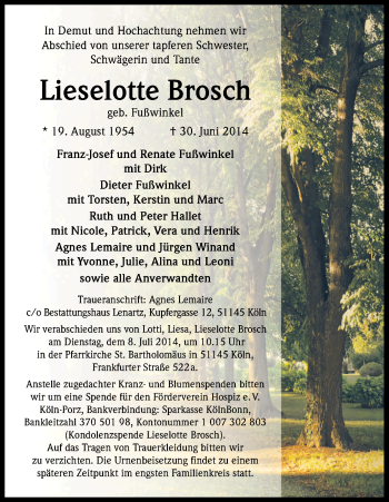 Anzeige von Lieselotte Brosch von Kölner Stadt-Anzeiger / Kölnische Rundschau / Express