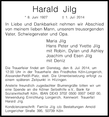 Anzeige von Harald Jilg von Kölner Stadt-Anzeiger / Kölnische Rundschau / Express