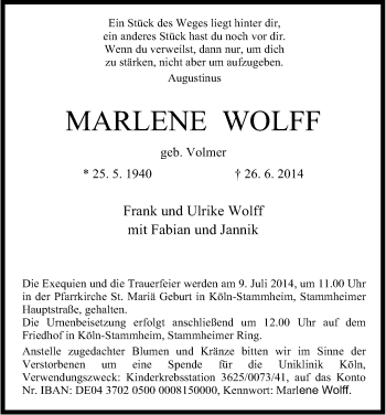 Anzeige von Marlene Wolff von Kölner Stadt-Anzeiger / Kölnische Rundschau / Express