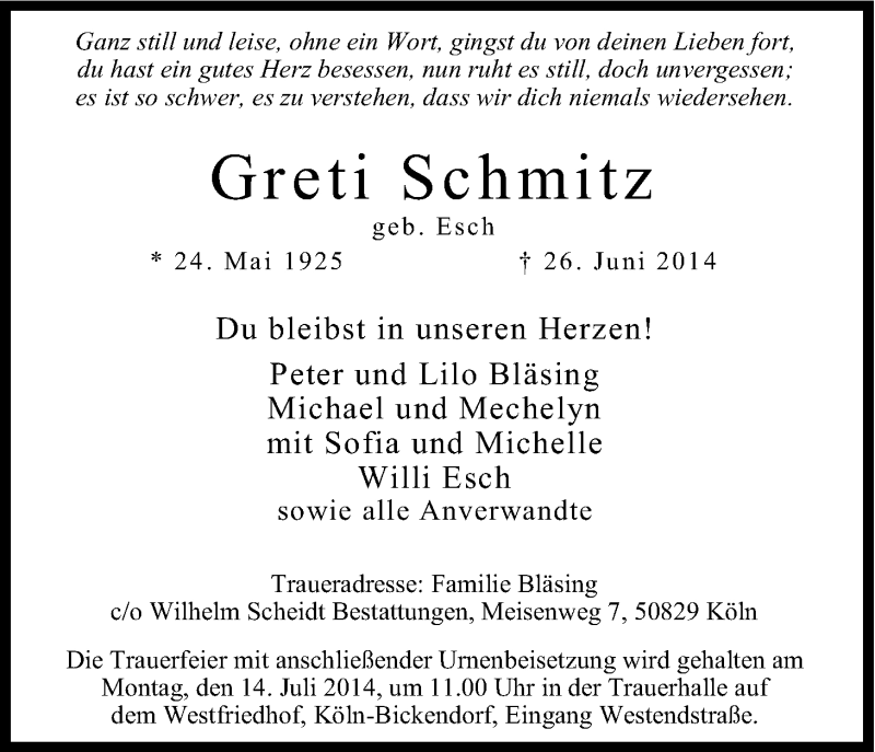  Traueranzeige für Greti Schmitz vom 09.07.2014 aus Kölner Stadt-Anzeiger / Kölnische Rundschau / Express
