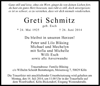 Anzeige von Greti Schmitz von Kölner Stadt-Anzeiger / Kölnische Rundschau / Express