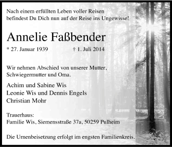 Anzeige von Annelie Faßbender von Kölner Stadt-Anzeiger / Kölnische Rundschau / Express