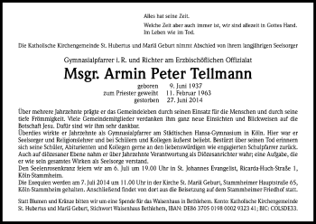 Anzeige von Armin Peter Tellmann von Kölner Stadt-Anzeiger / Kölnische Rundschau / Express