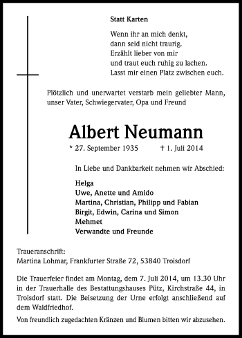 Anzeige von Albert Neumann von Kölner Stadt-Anzeiger / Kölnische Rundschau / Express
