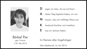 Anzeige von Bärbel Pier von Kölner Stadt-Anzeiger / Kölnische Rundschau / Express
